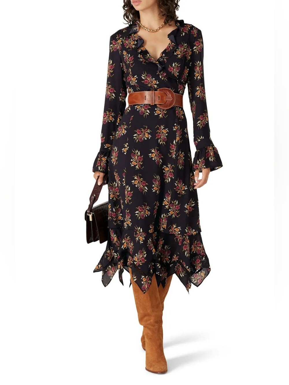Thakoon Collective Women's Black Floral Ruffle Dress, Long Sleeves, Size 2, $445